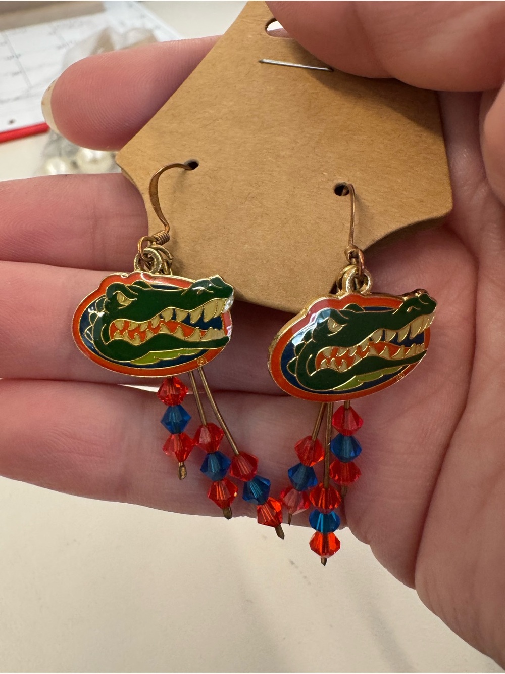 Green & Orange Gator Dangle Earrings with Red and Blue Beads